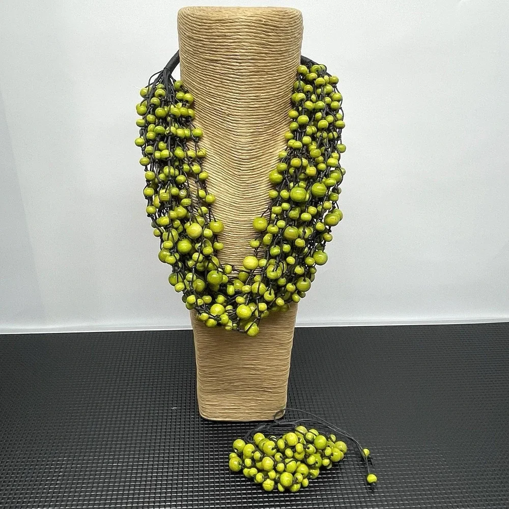 Bohemian Wooden Bead Necklace & Bracelet Set Multi Strand Chunky Lime Green